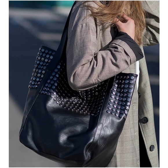 Handbags - Black Vegan Leather Studded Tote Bag